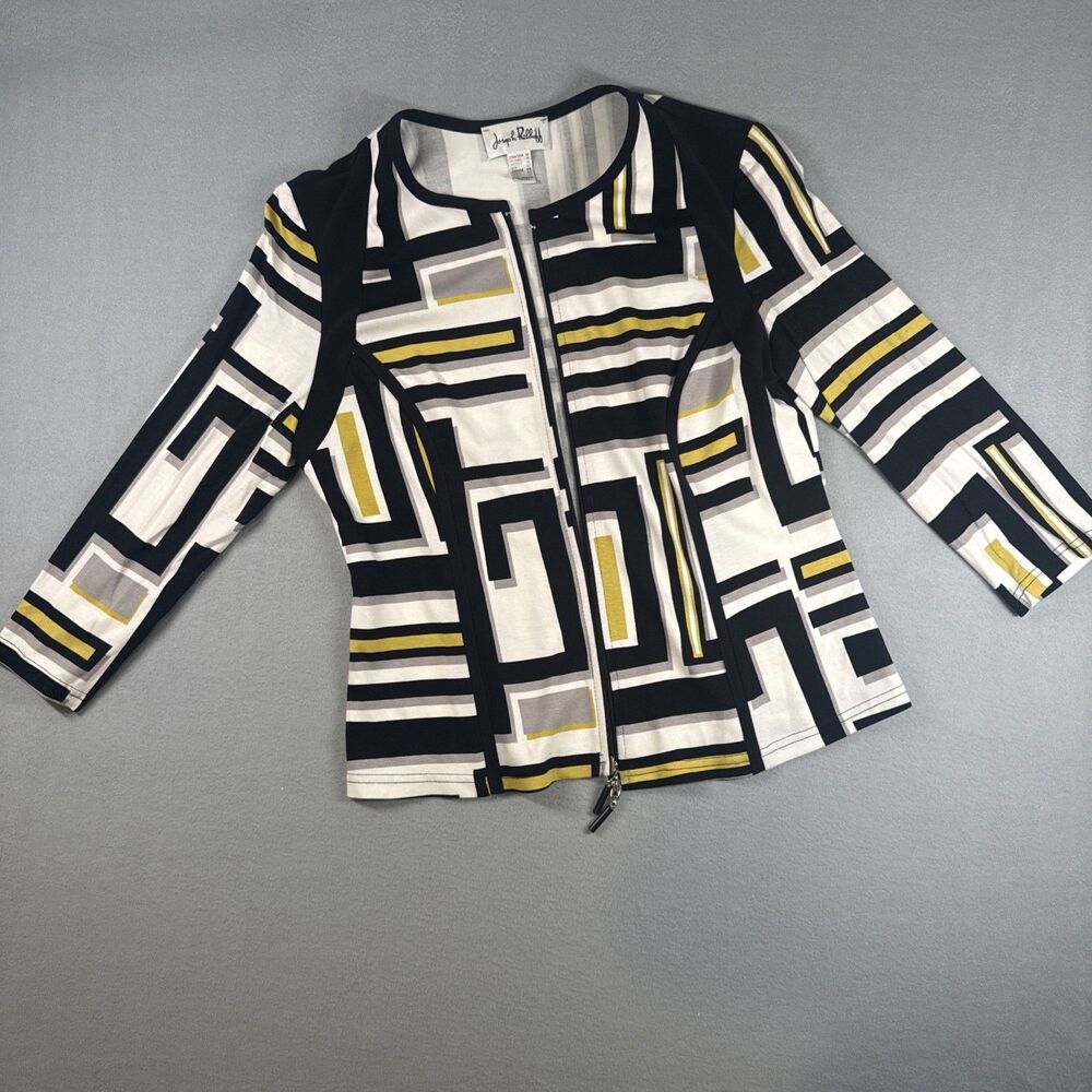 JOSEPH RIBKOFF  Black & White Soft Stretch Zip Up Jacket, 3/4 length Size 14
